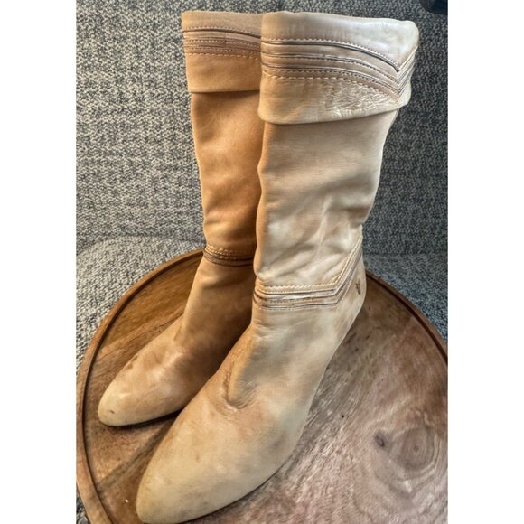 Frye Simone Cuff Mid-Calf Leather Natural Tan Boots With Stacked Heel.Size 8 - Picture 3 of 13